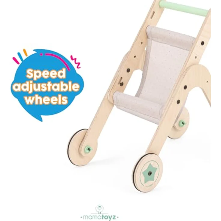 Mamatoyz 04TSTR Triio Kinderwagen, Spielzeug-Kinderwagen für Puppen aus natürlichem Birkensperrholz, Gehhilfe für erste Schritte zum Laufenlernen mit verstellbaren Rädern – Bild 4