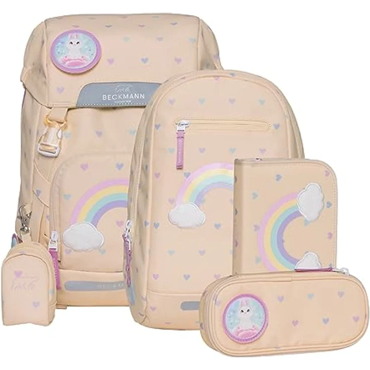 Beckmann Schulranzen Classic 6tlg., blauer Schulrucksack mit Sportrucksack, Federmäppchen, Schlamperrolle und Buttons, ergonomisch und klimaneutral – Bild 1