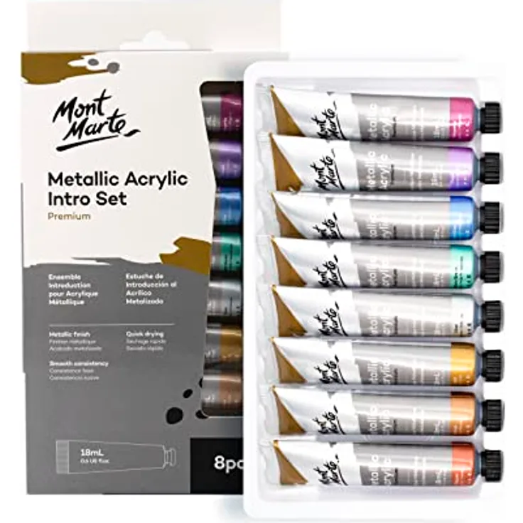 Mont Marte Acrylfarben Metallic Set, 8 Stück à 18 ml, brillante lichtechte Farben mit großer Deckkraft für kreative Acrylmalerei