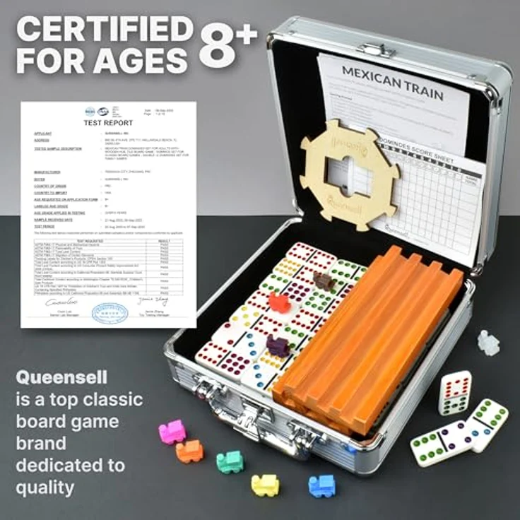 Queensell Mexikanisches Zug-Domino-Set D12, mit 4 Haltern aus Holz, 91 farbenfrohen Spielsteinen und Aluminium-Tragekoffer, für 2-9 Spieler ab 8 Jahren – Bild 4