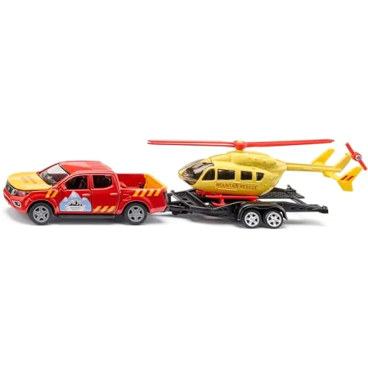 SIKU 1:50 Nissan Navara mit Rettungshubschrauber, Pickup mit Anhängekupplung und drehenden Rotorblättern – Bild 1