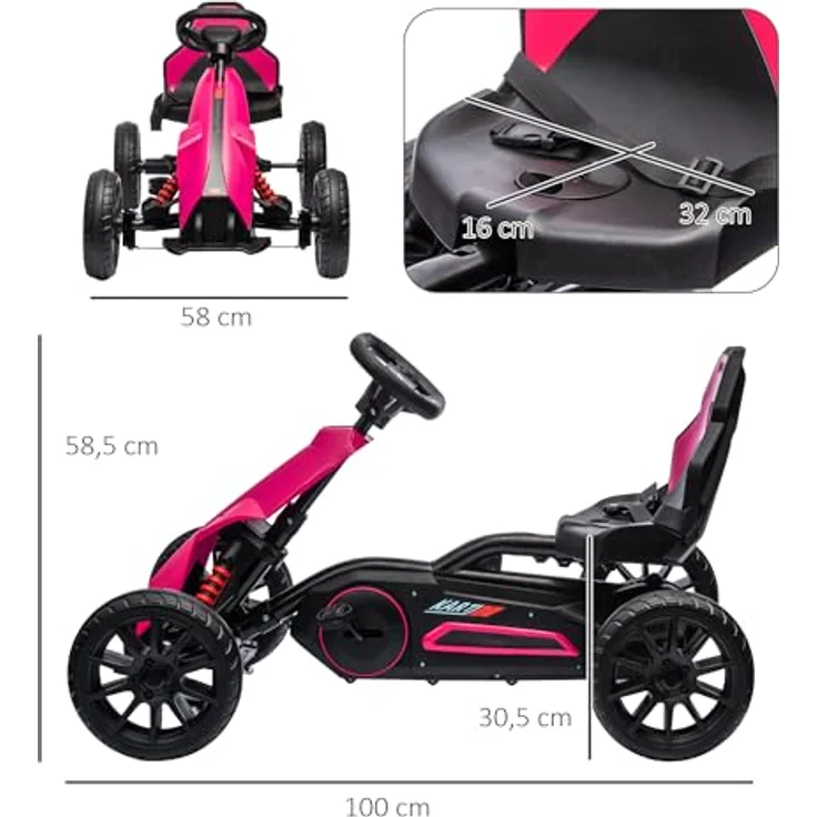 HOMCOM Go-Kart Kinderfahrzeug mit verstellbarem Sitz, Tretfahrzeug, Tretauto mit Handbremse, Kinderspielzeug - Rosa – Bild 5