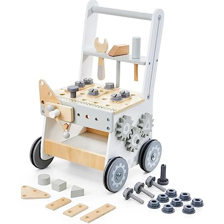 Mamabrum Lauflernwagen aus Holz mit Gummibereifung, Lauflernhilfe-Laufwagen für Kinder, Baby Walker, Babyspielzeug, Holzspielzeug, Sortierer, Werkzeugbank für Kinder aus Holz - Preisvergleich