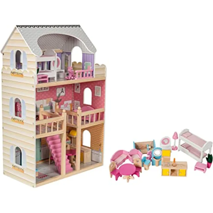 mamabrum Großes HOLZPUPPENHAUS (MDF) mit LED-Beleuchtung, Pastellfarben, 3 Etagen, 15 Möbelstücke | Geschenk für EIN Mädchen, ab 3 Jahre