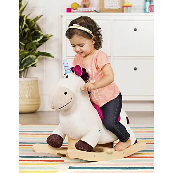 B. toys Schaukelpferd Einhorn beige aus weichem Plüsch und hochwertigem Holz, Schaukeltier zum Draufsitzen für Kinder und Babys ab 18 Monaten – Bild 3