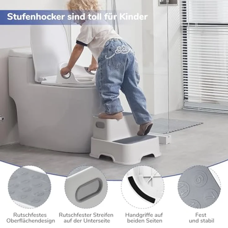 DEANIC Toilettensitz für Kinder mit Tritthocker, weicher Sitzpolster und Spritzschutz, grau, 2 Kissen und 1 Bürste – Bild 4