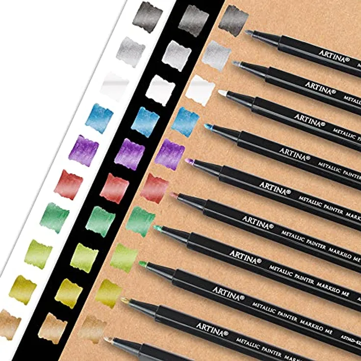 Artina 10 Metallic Marker Set Markilo ME – 0.7 mm Spitze – Wasserfeste Glitzer Filzstifte Bunte Fineliner Leuchtende Farben Permanente Metallic Marker Schimmernde Mal Stifte für Gästebuch & Karten