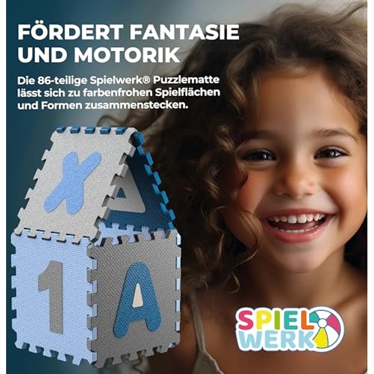 Spielwerk® 86-teilige Puzzlematte Baby Kinder 3,3m² Spielmatte Bodenschutzmatte Krabbelmatte Buchstaben Zahlen ABC Lernteppich XXL Schaumstoff Blau – Bild 5