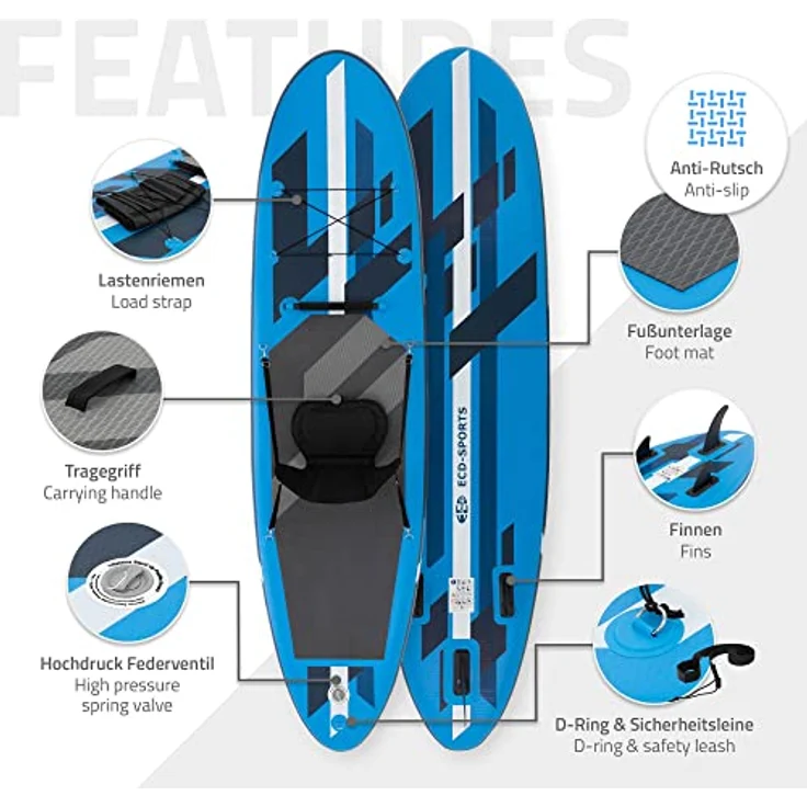 ECD Germany Aufblasbares Stand Up Paddle Board Kajak Sitz, 320 x 82 x 15 cm, Blau, PVC, bis 120 kg, inkl. Pumpe, Tragetasche, Zubehör, SUP Board mit Sitzfunktion – Bild 3