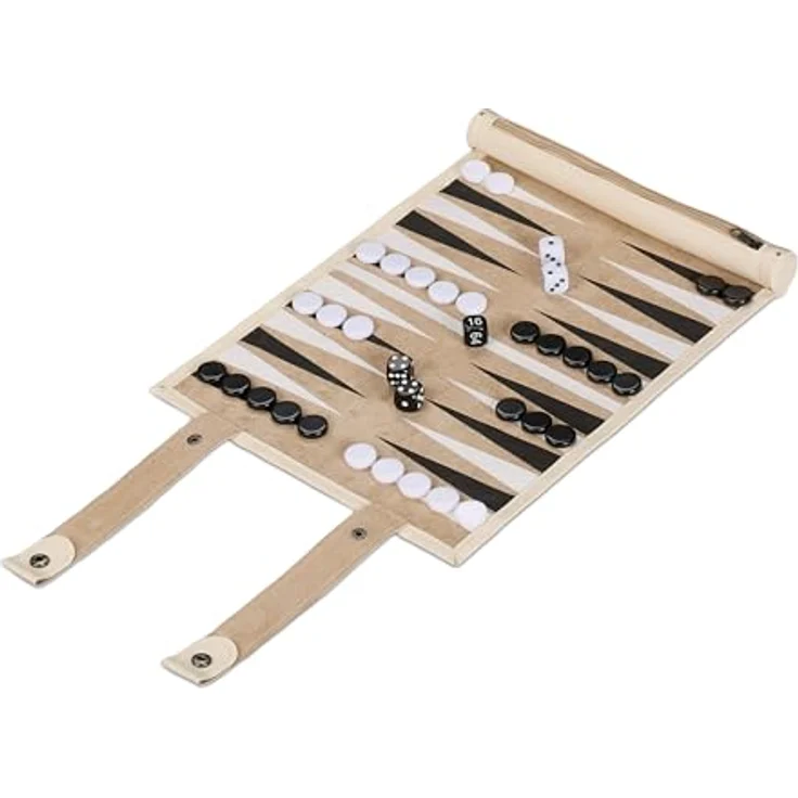 Relaxdays Reise-Backgammon, Brettspiel in beiger Lederoptik mit integrierter Tasche, leicht rollbar und platzsparend – Bild 1