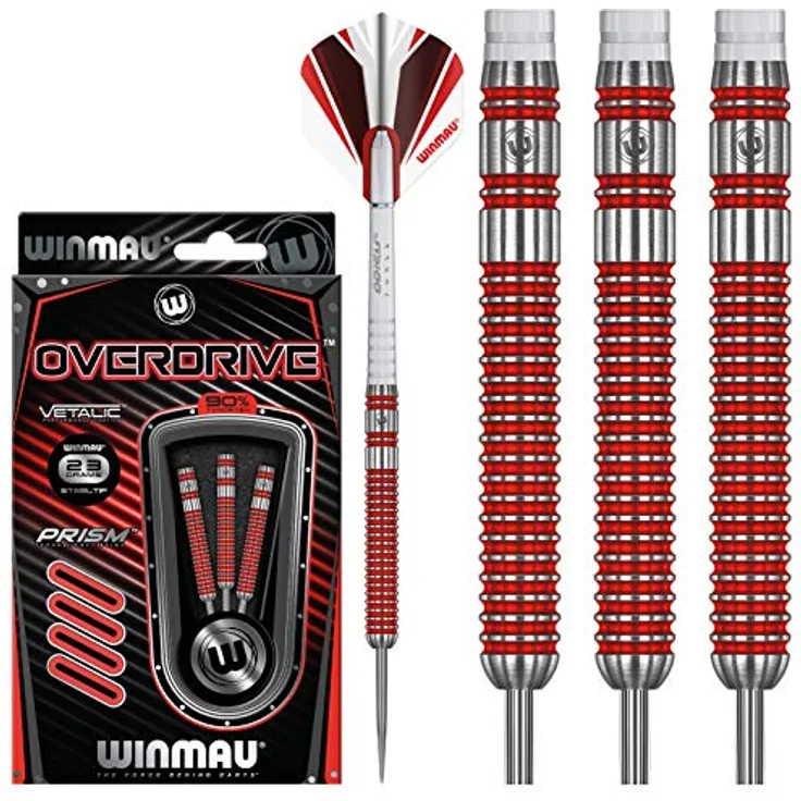 WINMAU Overdrive 23g Profi Wolfram Steeltip Dartpfeile Set mit Flights und Schäfte