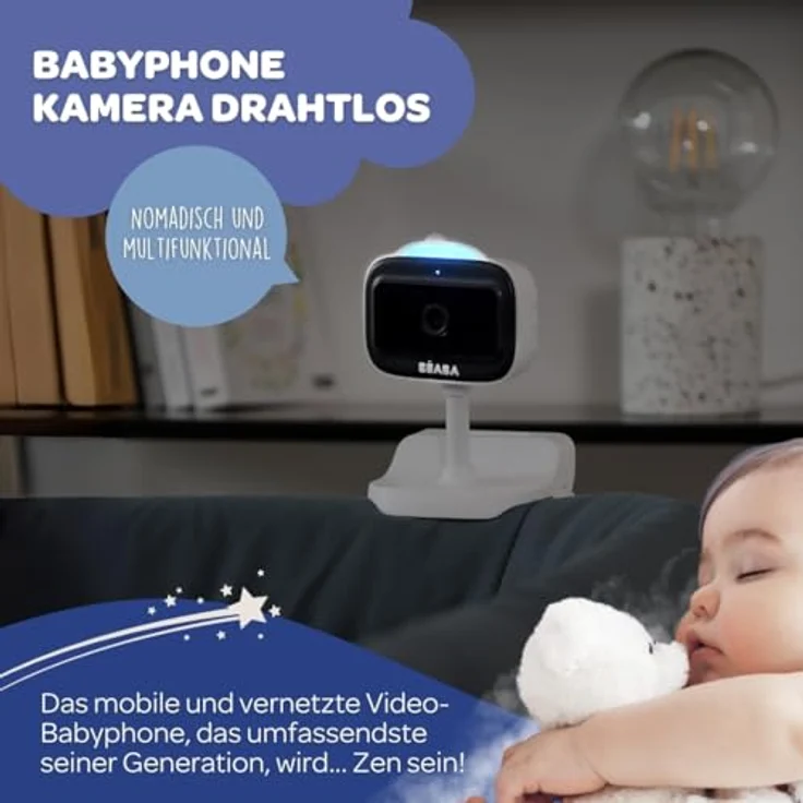 BÉABA Zen Nomad, drahtloses Babyphone mit Kamera, Nachtsicht, Mobile App, mehrfarbigem Nachtlicht, Walkie Talkie, Thermometer, 6h Akkulaufzeit, Weiß – Bild 3