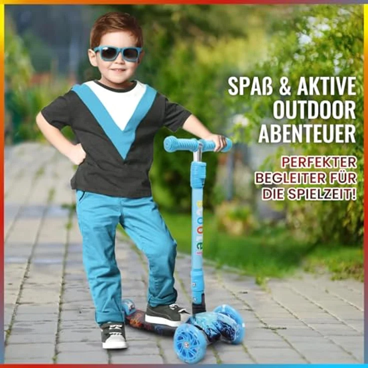 Europebazar Habib Kinderroller Metall-Roller 3-Rad mit verstellbarem Lenker, LED Licht, klappbar, bis 50kg, Blau – Bild 5