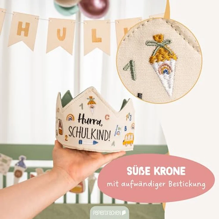 Papierdrachen Schulkind Krone, hochwertig Bestickt in Pastelltönen, anpassbare Schnürung, zweifarbig, perfekt für den Schulanfang – Bild 2