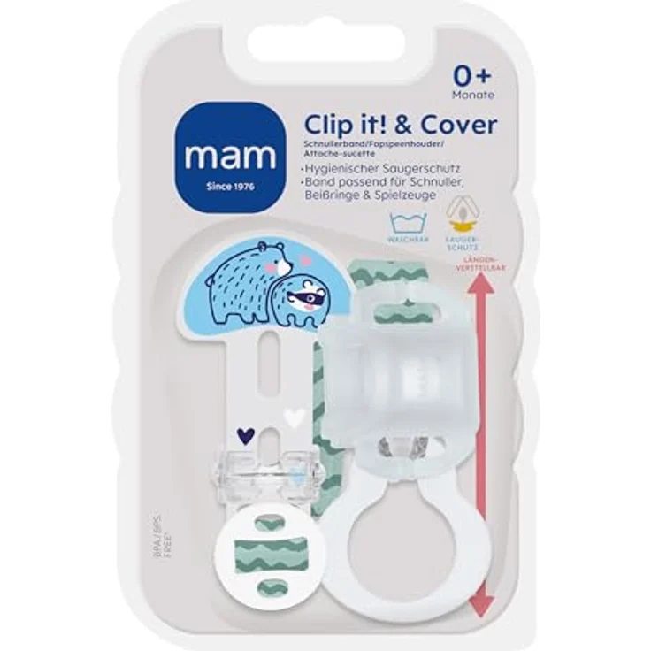MAM Clip it! & Cover Schnullerband, längenverstellbarer Schnullerhalter mit Saugerschutz für Schnuller, Beißringe und Spielzeuge, Bär – Bild 2