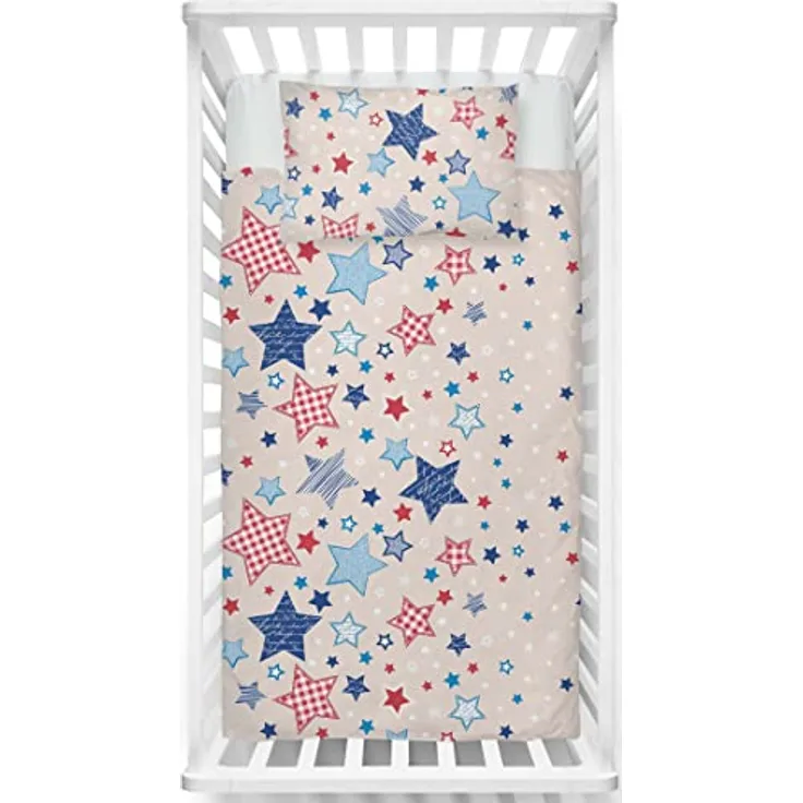 LINKHOFF Sterne Babybettwäsche 100 x 135 | Winter Flanell Kinderbettwäsche 135x100 Beige Blau | Fein-Biber Bettwäsche für Kinder 100x135 / 40x60 Kissen
