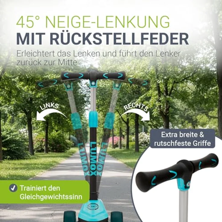 JUSKYS® Kinderroller Lumox Blau, höhenverstellbarer Dreiradscooter mit LED-Rollen und 4-Farb-Blinkeinstellung, klappbar & Hinterradbremse – Bild 4