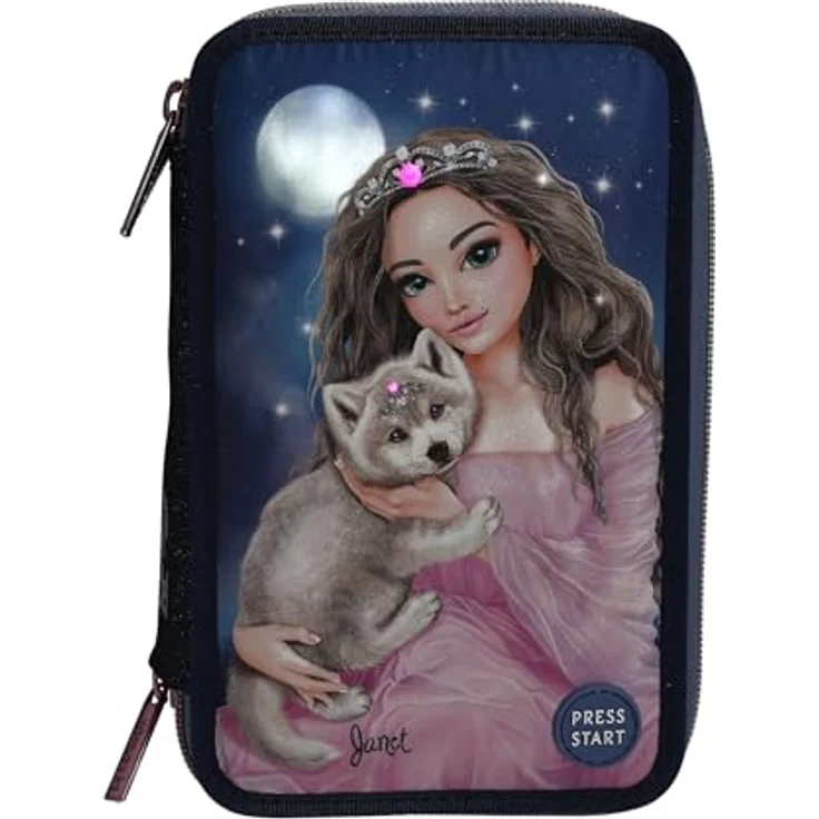 Depesche TOPModel 3-Fach Federtasche LED WOLF inkl. Stifte, Model Motiv, Dunkelblau, mit LED Mond und Sternen – Bild 2