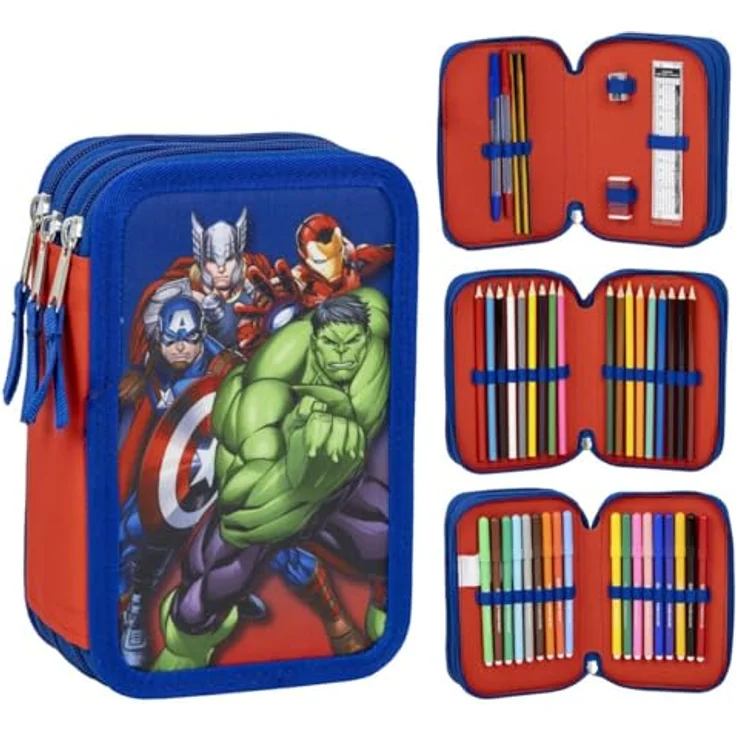 The AVENGERS Federmäppchen Avengers Team, gefülltes 3-lagiges Mäppchen mit 18 Buntstiften, 18 Farbmarkierungen, Radiergummi, Spitzer, Lineal und mehr, ca. 21 × 10 × 7 cm – Bild 2