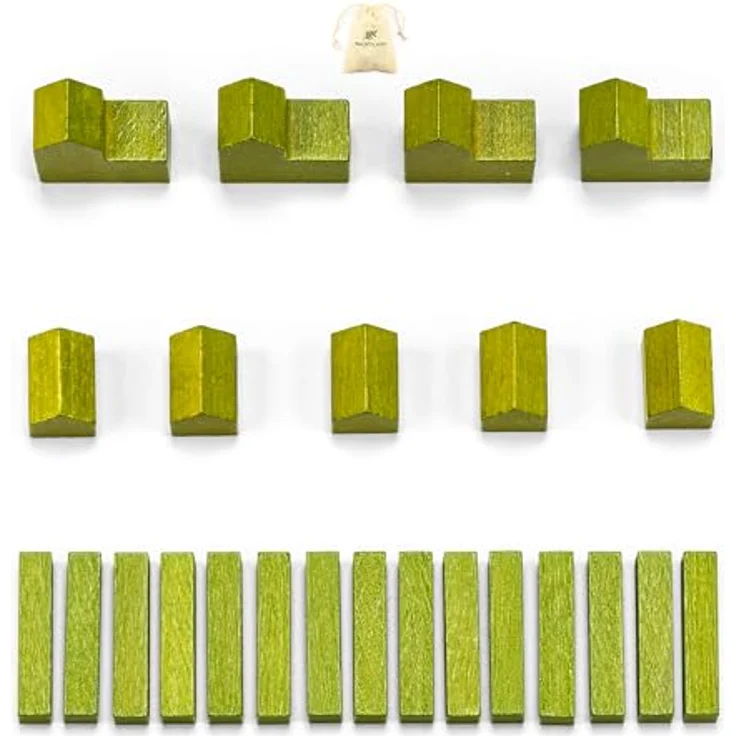 Waldfelsen® Holzfiguren für Die Siedler, Set mit 4 Städten, 5 Siedlungen und 15 Straßen, oliv, handgefertigt aus echtem Massivholz – Bild 1