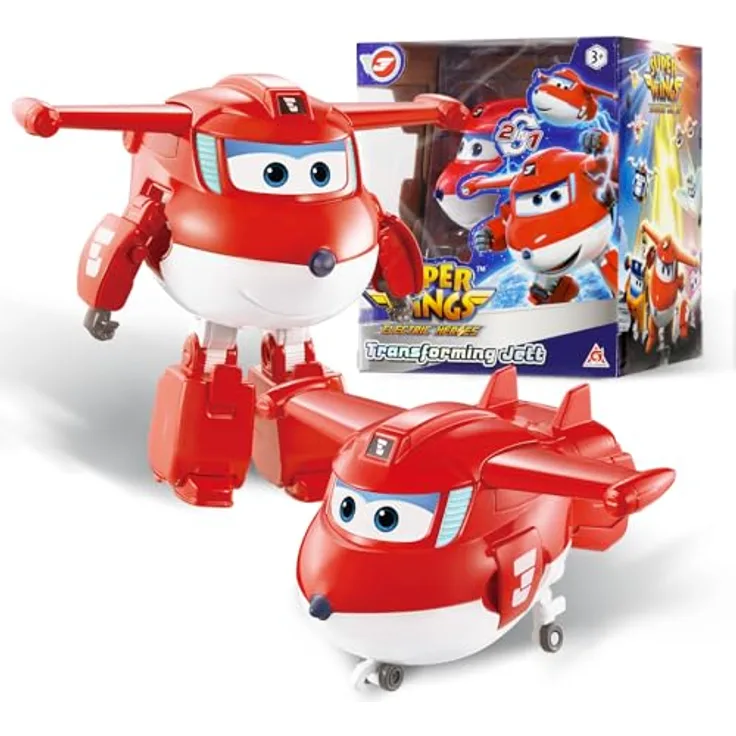 Super Wings Transformations-Flugzeug Supercharged Jett, 12,7 cm große 2-in-1 Spiel-Figur, Flugzeug- und Roboter-Modus, rot