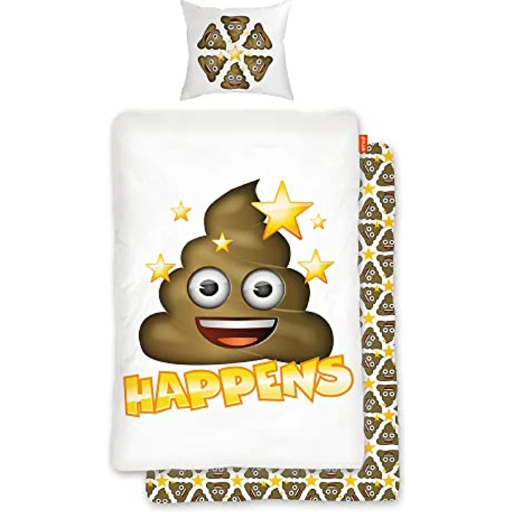 BERONAGE Emoji Bettwäsche Shit Happens 135 x 200 cm + 80 x 80 cm 100% Baumwolle in Renforcé-Linon-Qualität Wende-Bettwäsche deutsche Größe EM 042, Pile of Poo Emoti Poop Smiley – Bild 1