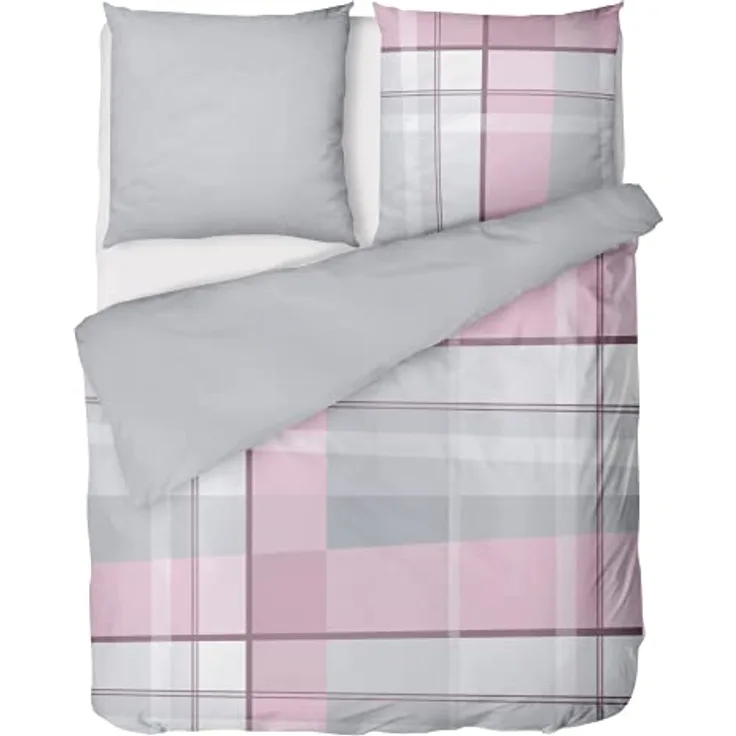 LINKHOFF Biber Bettwäsche 135x200 Rosa 2tlg - Bettwäsche Grau Rosa - Wendebettwäsche 135x200 Kariert/Unifarben - 100% Baumwolle