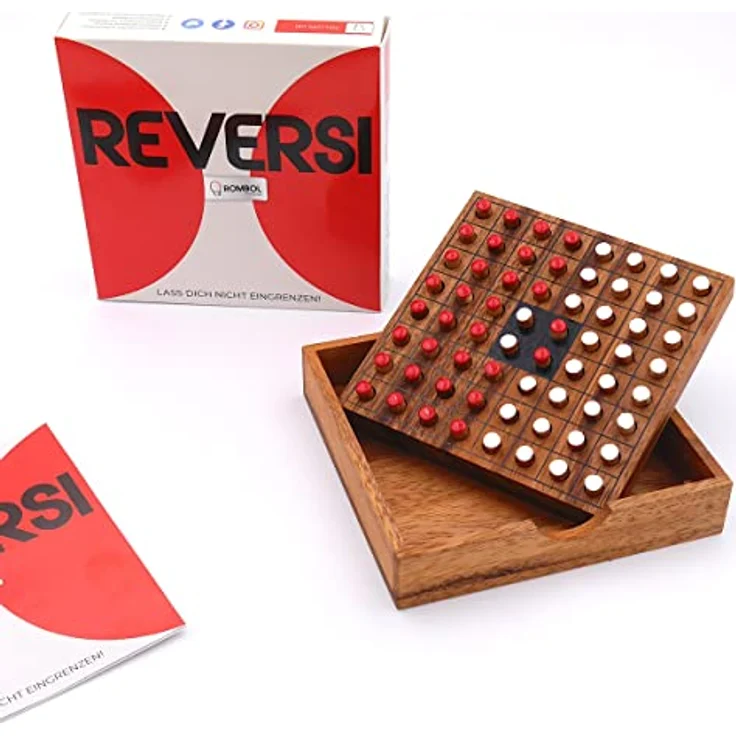 ROMBOL Reversi, Strategiespiel für 2 Personen aus edlem Samena-Holz, rot/weiß, handgefertigt, 13,5 cm x 13,5 cm x 3 cm – Bild 1
