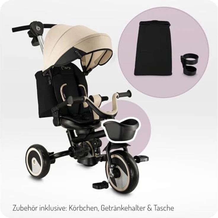 MoMi IVI 3-in-1 Kinderdreirad, beige, mit 360° drehbarem Sitz, Schiebestange & Sonnendach, 3-Punkt-Gurt, PU-Räder – Bild 8