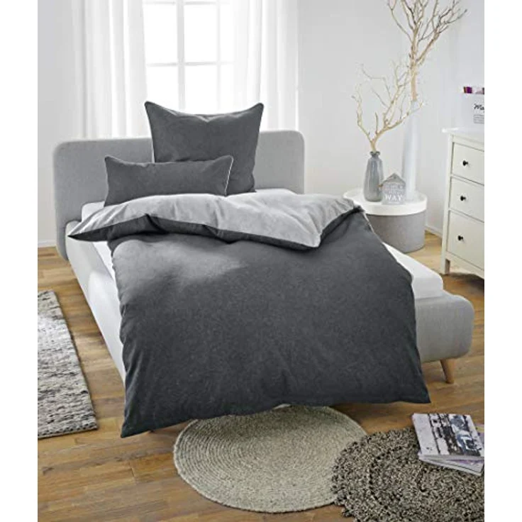 biberna 0840500 Wende-Bettwäsche Kopfkissenbezug Melange-Flanell 1x 80x80 cm, titanium – Bild 3