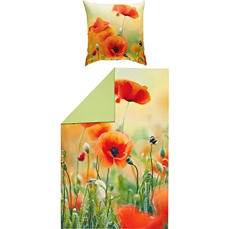 REDBEST Wendebettwäsche Renforcé Bettwäsche Mohnblume Blume Wiese, grün rot, Größe 135x200 cm (80x80 cm) - mit Reißverschluss, strapazierstark, atmungsaktiv, hochwertiger Digitaldruck – Bild 1