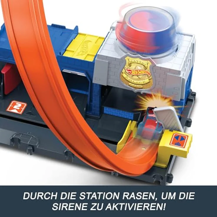 Hot Wheels City Super Polizeistation, anpassbare Rennbahn mit Looping und Die-Cast-Spielzeug-Polizeiwagen, bis zu 4 Fahrzeuge parkbar – Bild 5