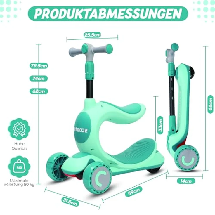 Habib Gruppe Kinderroller 3-in-1 Dreirad mit Sitz, LED-Rädern, höhenverstellbar & faltbar, ideal für Jungen & Mädchen von 2-10 Jahren, grün – Bild 5