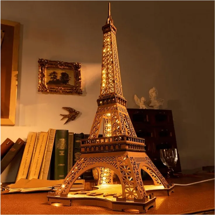 Robotime 3D-Puzzle Nachts am Eiffelturm, 152 Puzzleteile mit 4 Beleuchtungsmodi und interaktiver Paris-Karte, Holzmodell, 22 x 21,3 x 53 cm