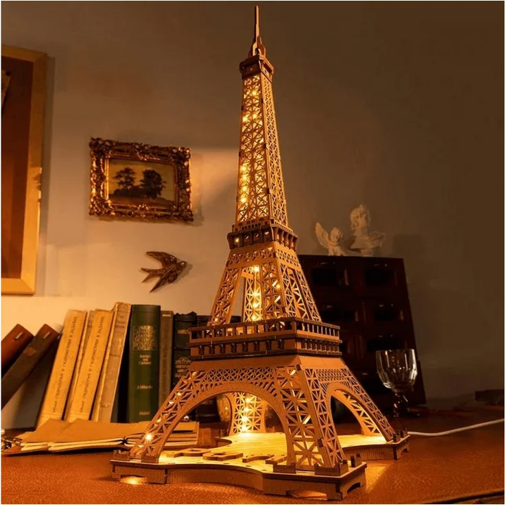 Robotime 3D-Puzzle Nachts am Eiffelturm, 152 Puzzleteile mit 4 Beleuchtungsmodi und interaktiver Paris-Karte, Holzmodell, 22 x 21,3 x 53 cm