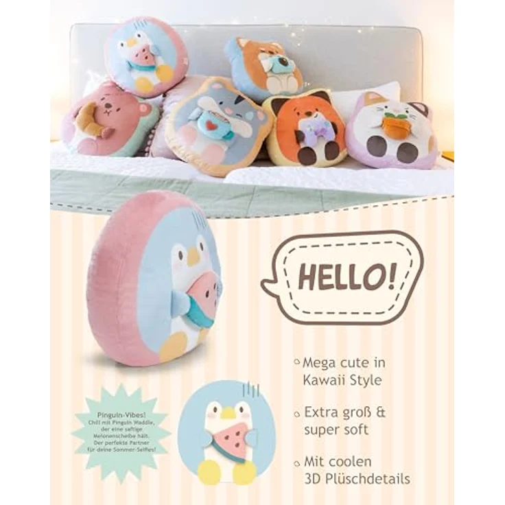 Nici Kuscheltier mymochi, Pinguin Waddle mit Wassermelone, 35x33x12cm, flauschig und niedlich – Bild 3