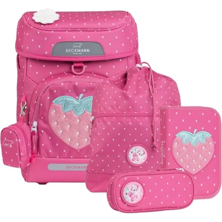 Beckmann Schulranzen Plus Air, 7-teiliges Schulranzen-Set mit ergonomischem Rückensystem und reflektierenden Flächen, Strawberry purpur
