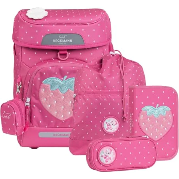 Beckmann Schulranzen Plus Air, 7-teiliges Schulranzen-Set mit ergonomischem Rückensystem und reflektierenden Flächen, Strawberry purpur