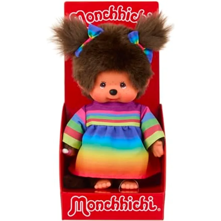 MONCHHICHI Monchhichi 20cm Mädchen im Regenbogen-Kleid mit zwei Zöpfchen, Kuscheltier