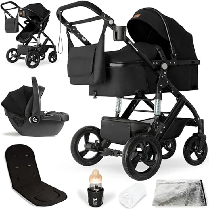 Bergsteiger Nizza 3 in 1 Kinderwagen, Kombikinderwagen Komplettset, Auto-Babyschale, Babywanne & Buggy Sportsitz inklusive, Isofix Station optional, grau – Bild 1