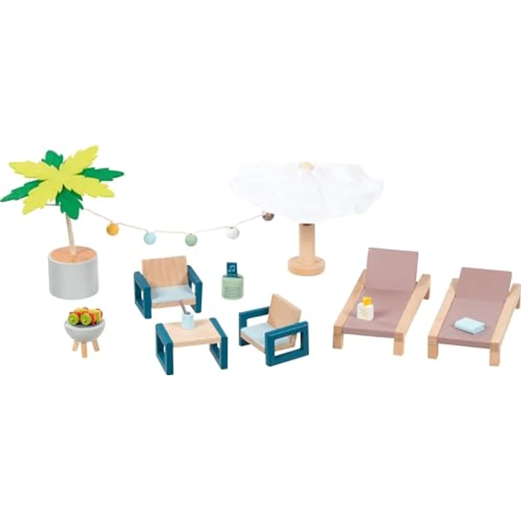 goki Puppenhausmöbel Outdoor Möbel Set Mallorca, 11tlg. für realitätsnahes Rollenspiel, robust aus Holz und Textil, ideal ab 3 Jahren – Bild 1