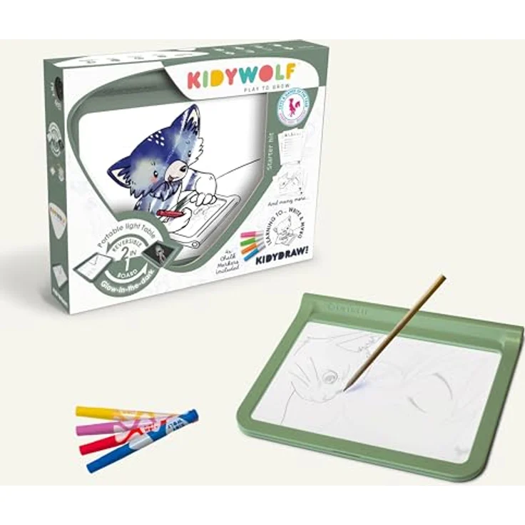Kidywolf Kidydraw Pro, Leuchttafel A4 mit 3-fach dimmbarem Licht, 4 abwischbaren Neonstiften und USB-C Akku, mit Vordrucken zum Üben – Bild 6