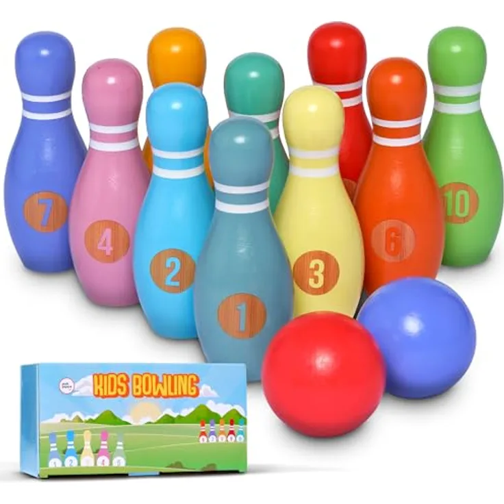Pink Papaya Kegelspiel für Kinder - 12 teiliges Bowling Set, Outdoor & Indoor Spielzeug aus FSC-zertifiziertem Holz, schult & fördert Ihr Kind