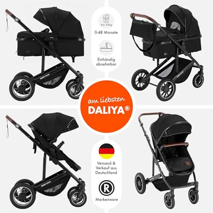 Daliya FLEXI-PRO M 2in1 Kombikinderwagen, Buggy mit Liegefunktion, höhenverstellbar, klappbar, Schwarz Uni – Bild 2