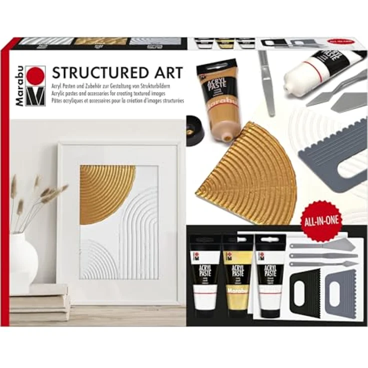 Marabu Acrylpasten Set STRUCTURED ART, 3x 100 ml Strukturpaste (Weiß cremig, Gold cremig, Feinsand) inkl. Spachtel und Malkarton für Mixed Media und Art Journaling – Bild 1