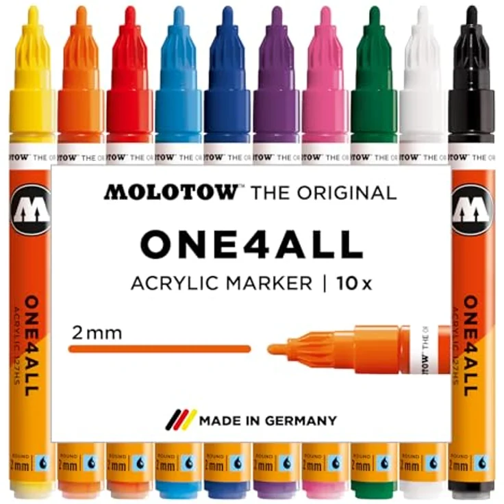 Molotow, Marker, Akrylmarker (Sortiert, 2 mm, 10 x) - Wasserfest auf verschiedenen Oberflächen, 10er Etui in verschiedenen Farben – Bild 2