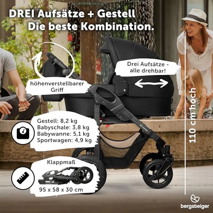 Bergsteiger Capri Kombikinderwagen 4-in-1, Babywanne, Sportsitz, i-Size Babyschale, Isofix-Station, höhenverstellbar, faltbar, Luftreifen, Zubehör – Bild 7