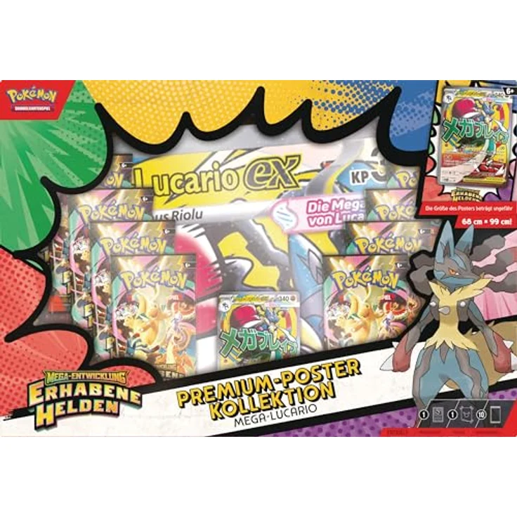 AMIGO Pokemon Lucario Premium-Poster-Kollektion, einschließlich holografischer Mega-Lucario-ex Karte, 10 Boosterpacks und Poster, deutsch – Bild 5