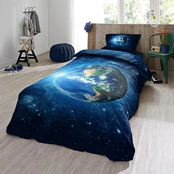ESPiCO Bettwäsche Trendy Bedding Earth Blue Planet Erde Blau Weltraum Weltall Sterne Erdkugel All, 100% Baumwolle, Universum-Motiv, 135x200 cm – Bild 5