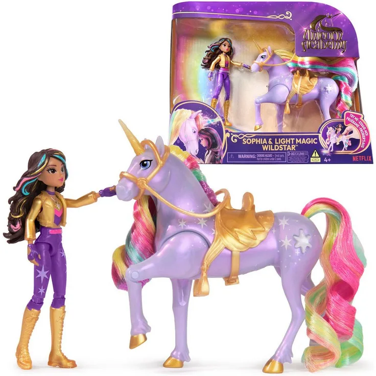Spin Master Anziehpuppe Unicorn Academy - Small Doll & Unicorn - Sophia & Light Magic Wildstar, mit regenbogenfarbenem Sternenlicht-Projektor